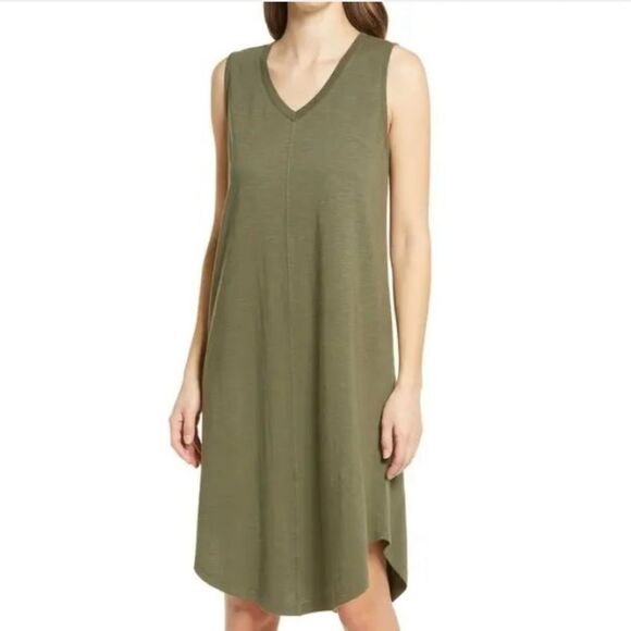 CASLON V-Neck Shirttail Tank Dress Sleeveless Olive Sarma S - Picture 3 of 10